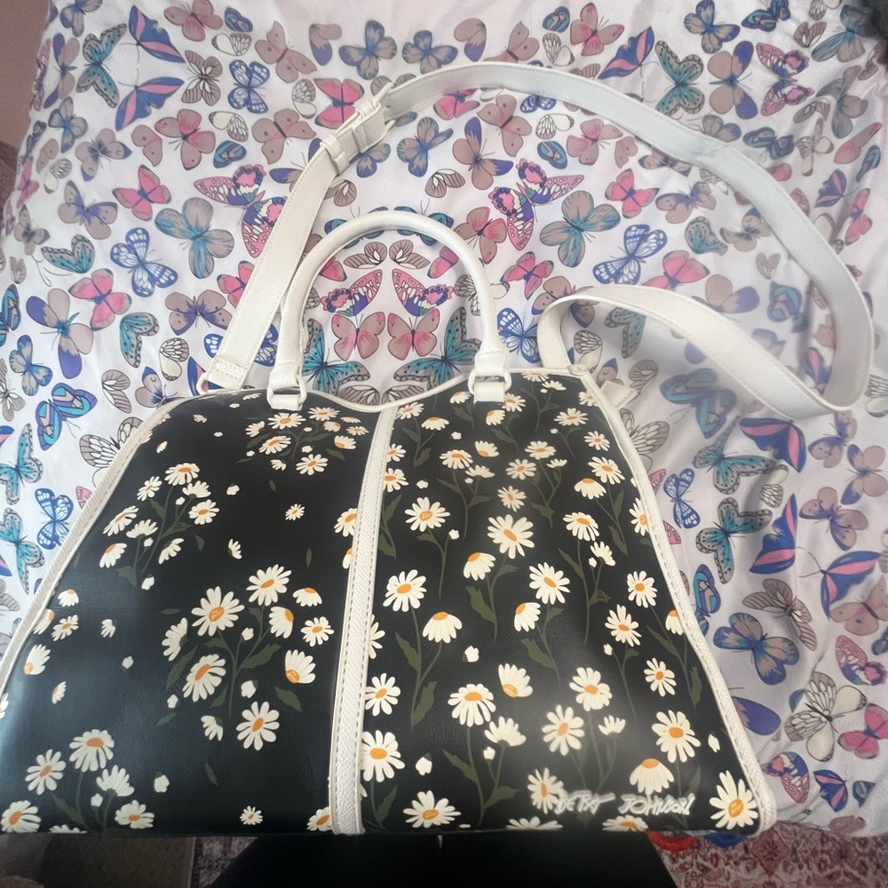 Betsey Johnson Black Daisy Satchel with White Trim